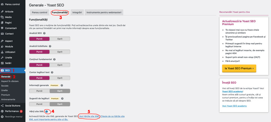 Utilizare sitemap XML creat cu Yoast SEO în WordPress