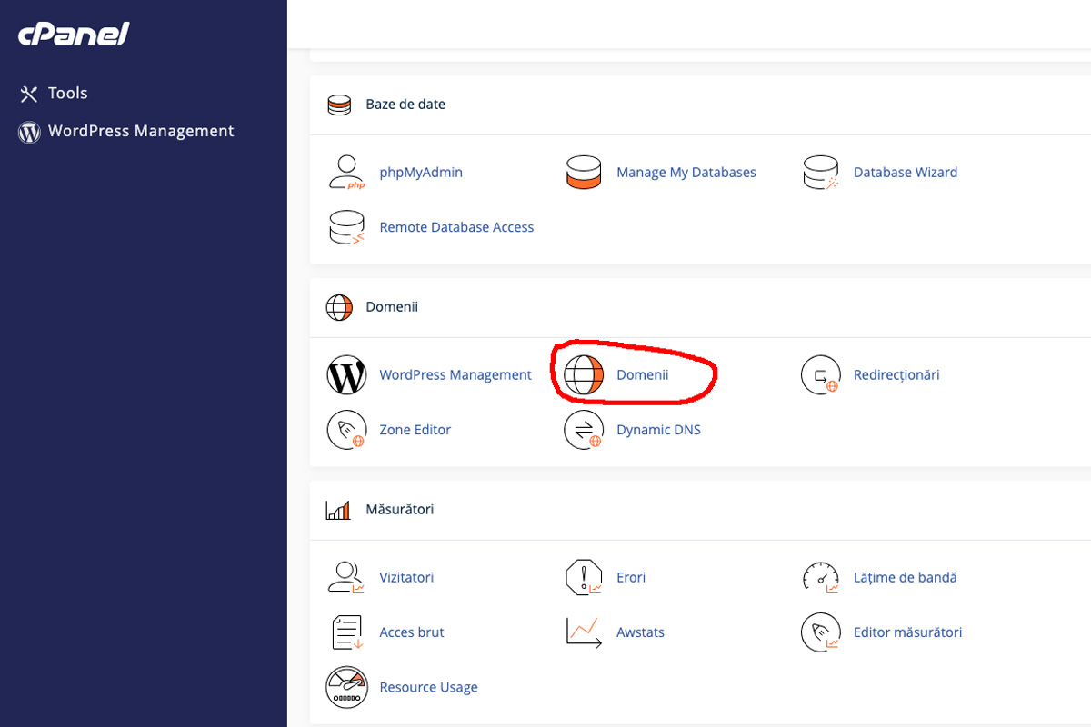 sectiunea domenii cPanel