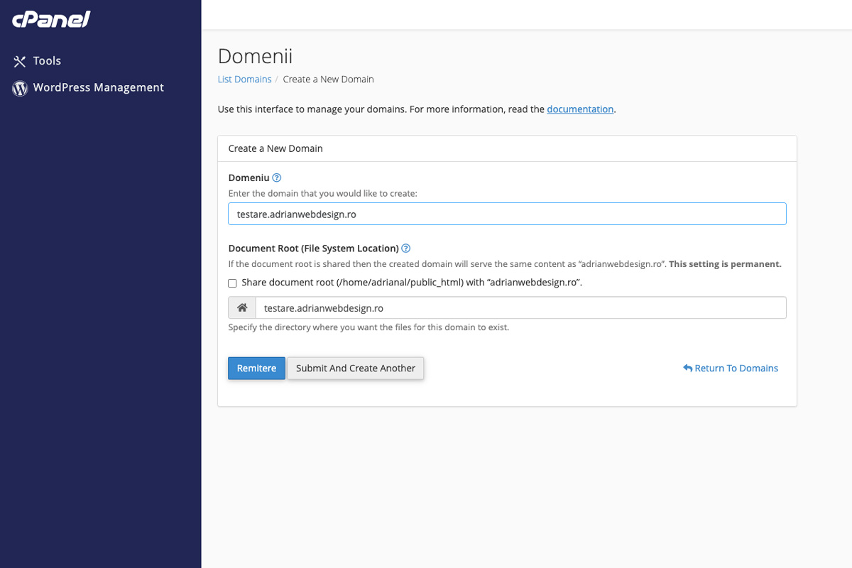 creare subdomeniu cPanel