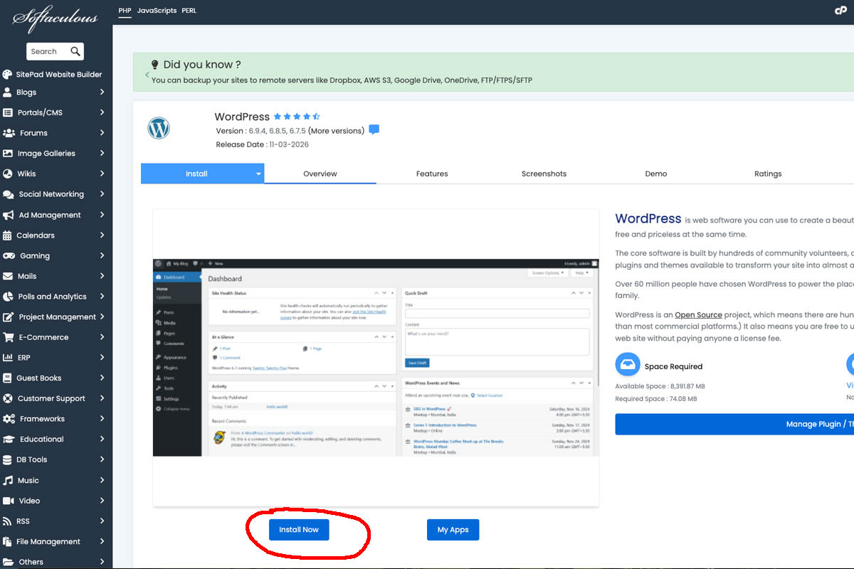 install wordpress softaculous
