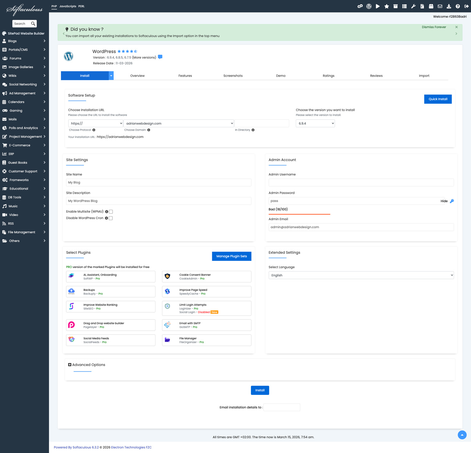 configurare instalare wordpress softaculous
