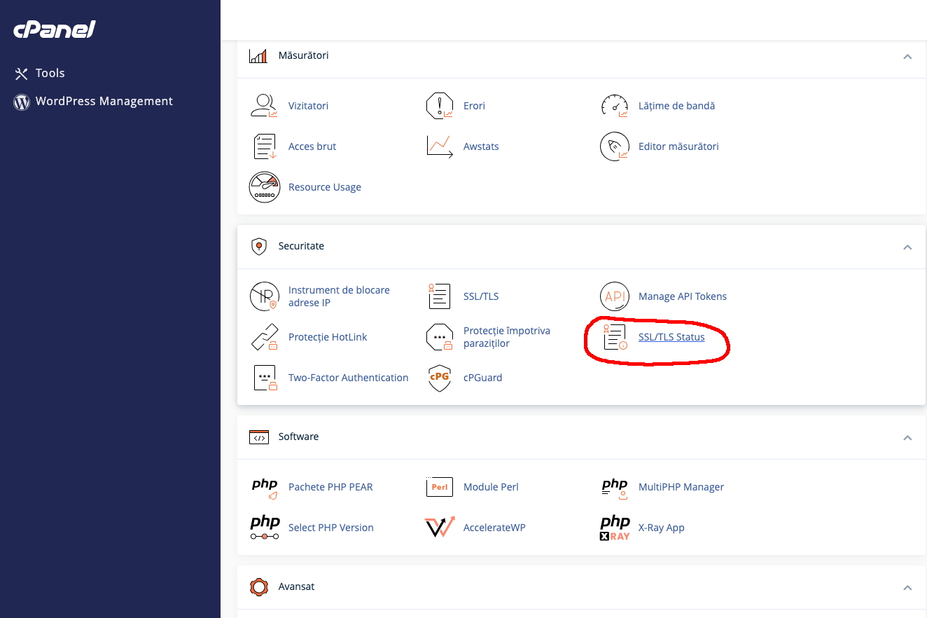 Secțiunea SSL/TLS Status