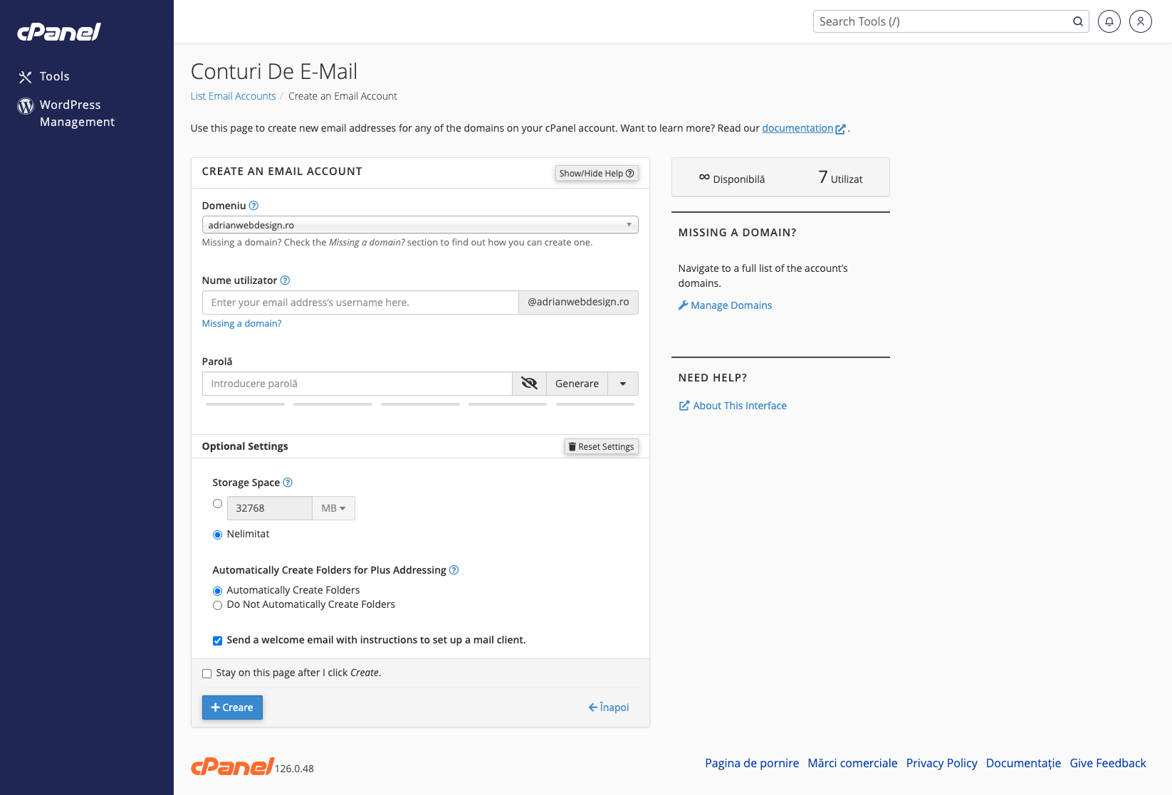Creare cont email în cPanel